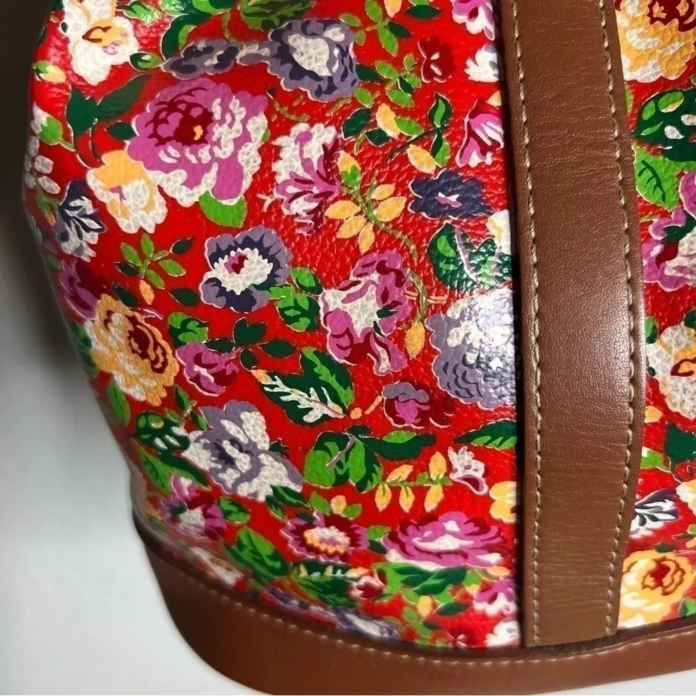 Vintage Kenzo Red Leather Floral Drawstring Bucket Bag Crossbody Chic Girly